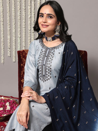 Dhiyona VA Women'sBlue Ethnic Motifs Embroidered Kurta With Trousers & Dupatta