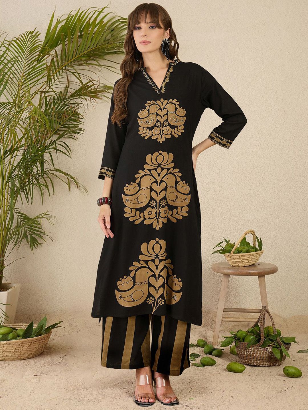 Dhiyona IE Floral Printed Thread Work V-Neck Straight Kurta with Palazzos