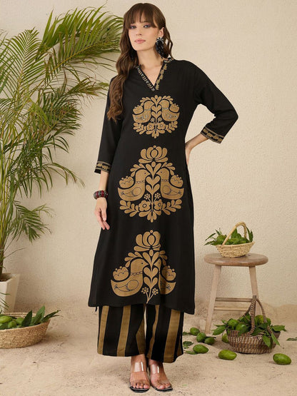Dhiyona IE Floral Printed Thread Work V-Neck Straight Kurta with Palazzos