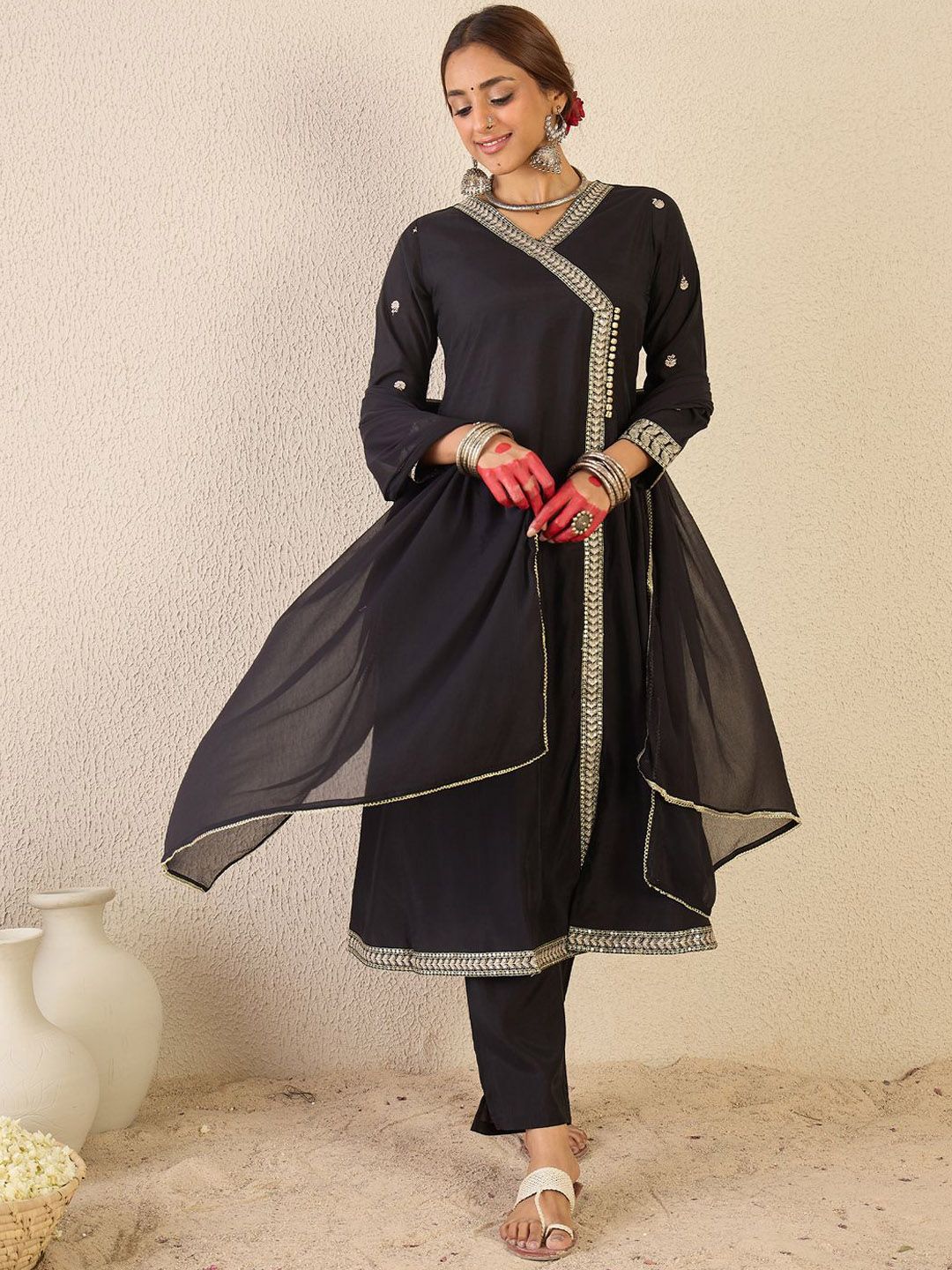 Dhiyona IE Ethnic Motifs Embroidered Angrakha Kurta With Trousers & Dupatta