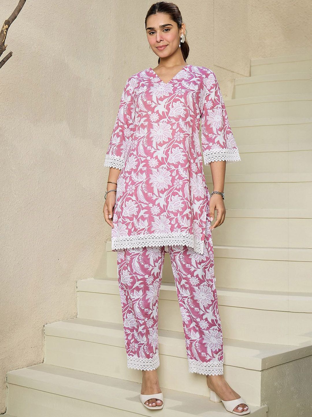Floral Printed V Neck Pure Cotton A-Line Kurta with Trousers