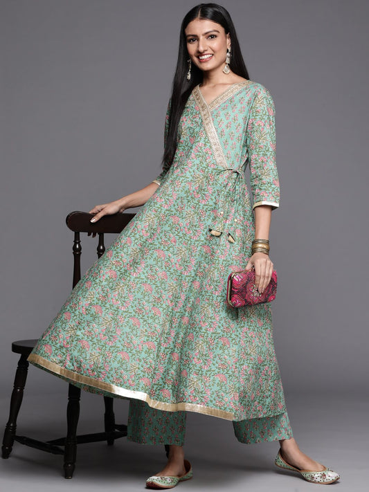 Dhiyona VA Women's Sea Green Floral Printed Angrakha Pure Cotton Kurta with Palazzos