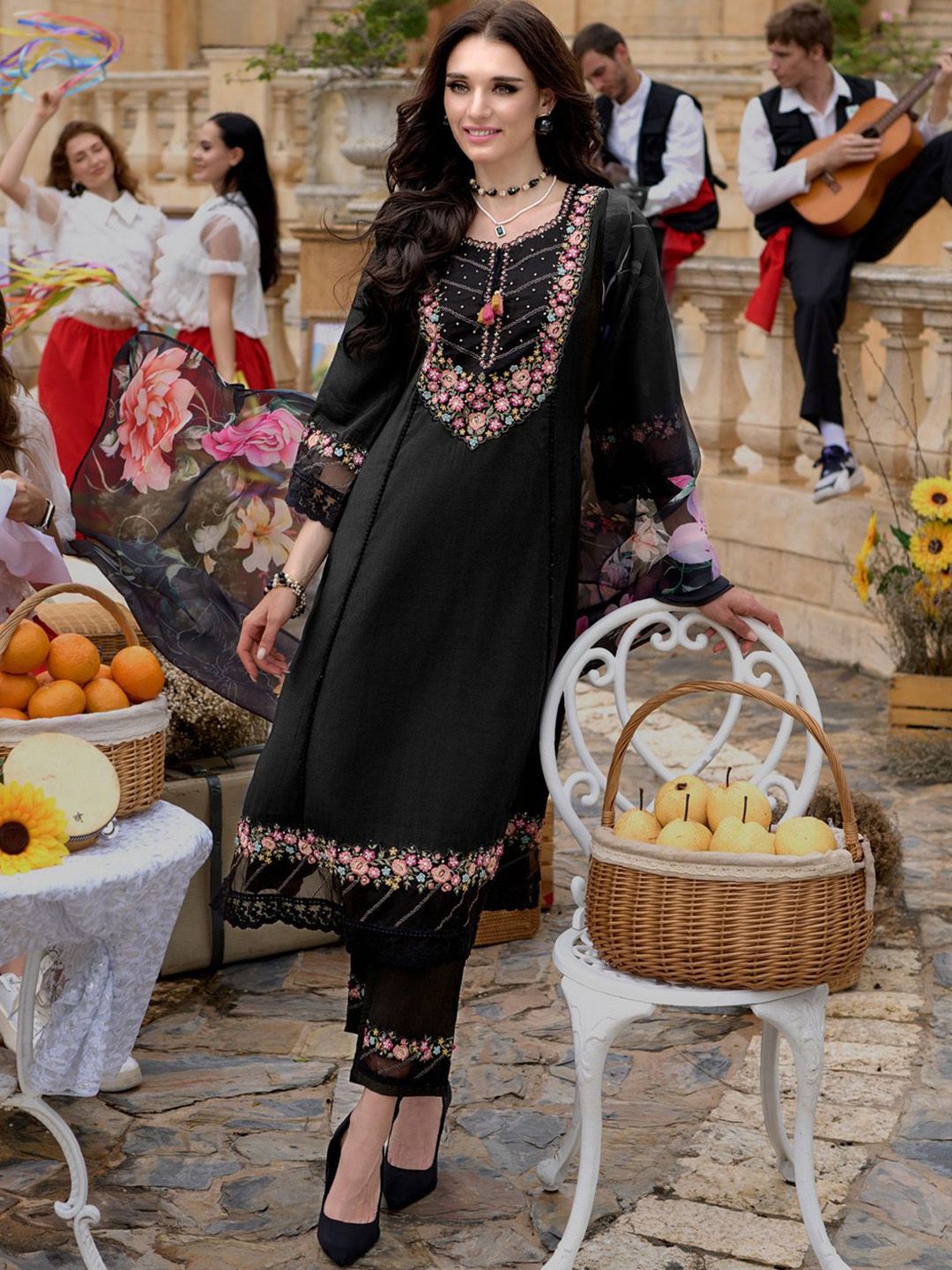 Floral Yoke Design Thread Work A-Line Kurta With Trousers & Dupatta