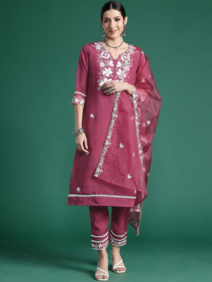 Dhiyona IE Floral Embroidered Thread Work Kurta with Trousers & Dupatta