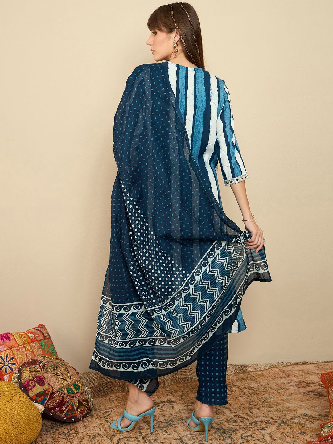 Striped Sequinned Straight Kurta With Trousers & Dupatta