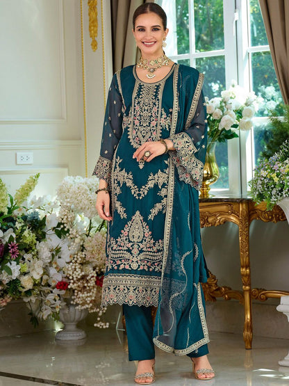 Dhiyona IE Women's Women Ethnic Motifs Embroidered Kurta & Trouser With Dupatta
