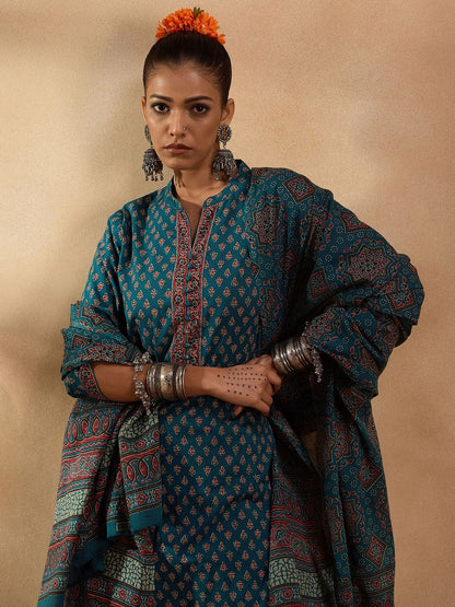 Dhiyona IE Ethnic Motifs Printed Regular Pure Cotton Straight Kurta with Trousers & Dupatta