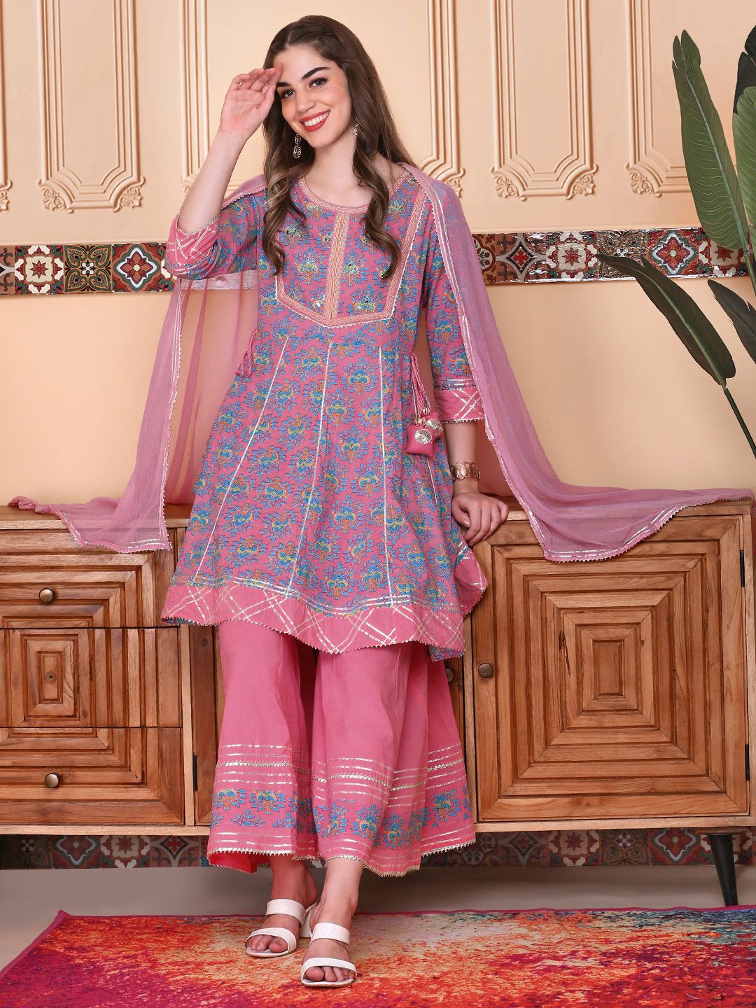Dhiyona IS Women's Floral Printed Pure Cotton Anarkai Kurta with Sharara & Dupatta