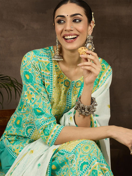 Women Floral Embroidered Regular Pure Cotton Kurta with Trousers & With Dupatta