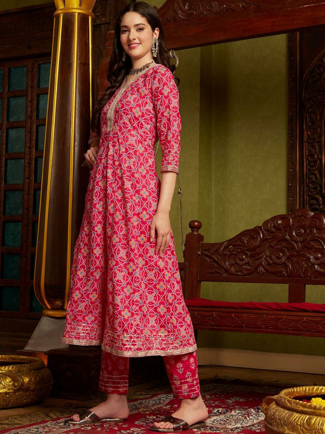 Dhiyona SN Women's Pink Ethnic Motifs Printed Sequinned Pure Cotton A-Line Kurta Set