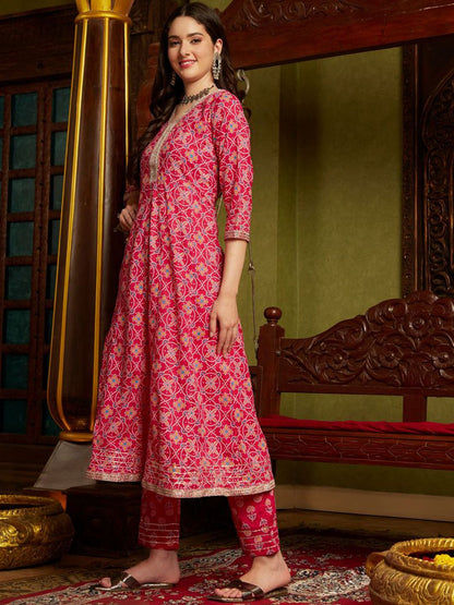 Dhiyona SN Women's Pink Ethnic Motifs Printed Sequinned Pure Cotton A-Line Kurta Set