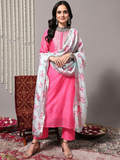 Dhiyona VA Women's Pink Yoke Design Sequinned Chanderi Silk Kurta with Palazzos & With Dupatta