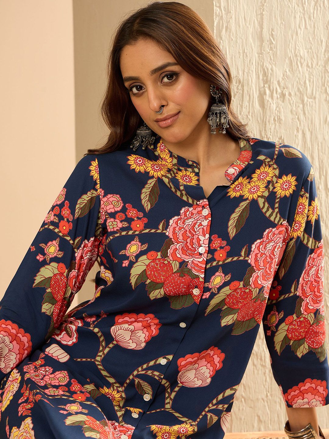 Dhiyona IE Floral Printed Three-Quarter Sleeves Tunic With Palazzos