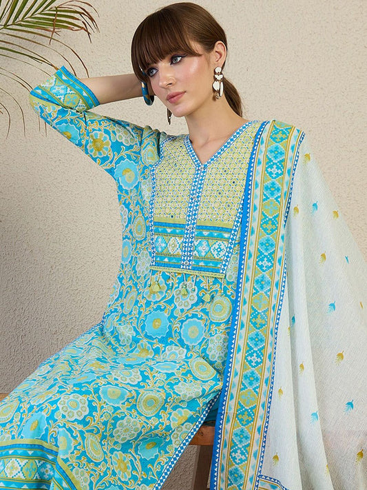 Women Floral Printed Cotton Kurta with Trousers & Dupatta