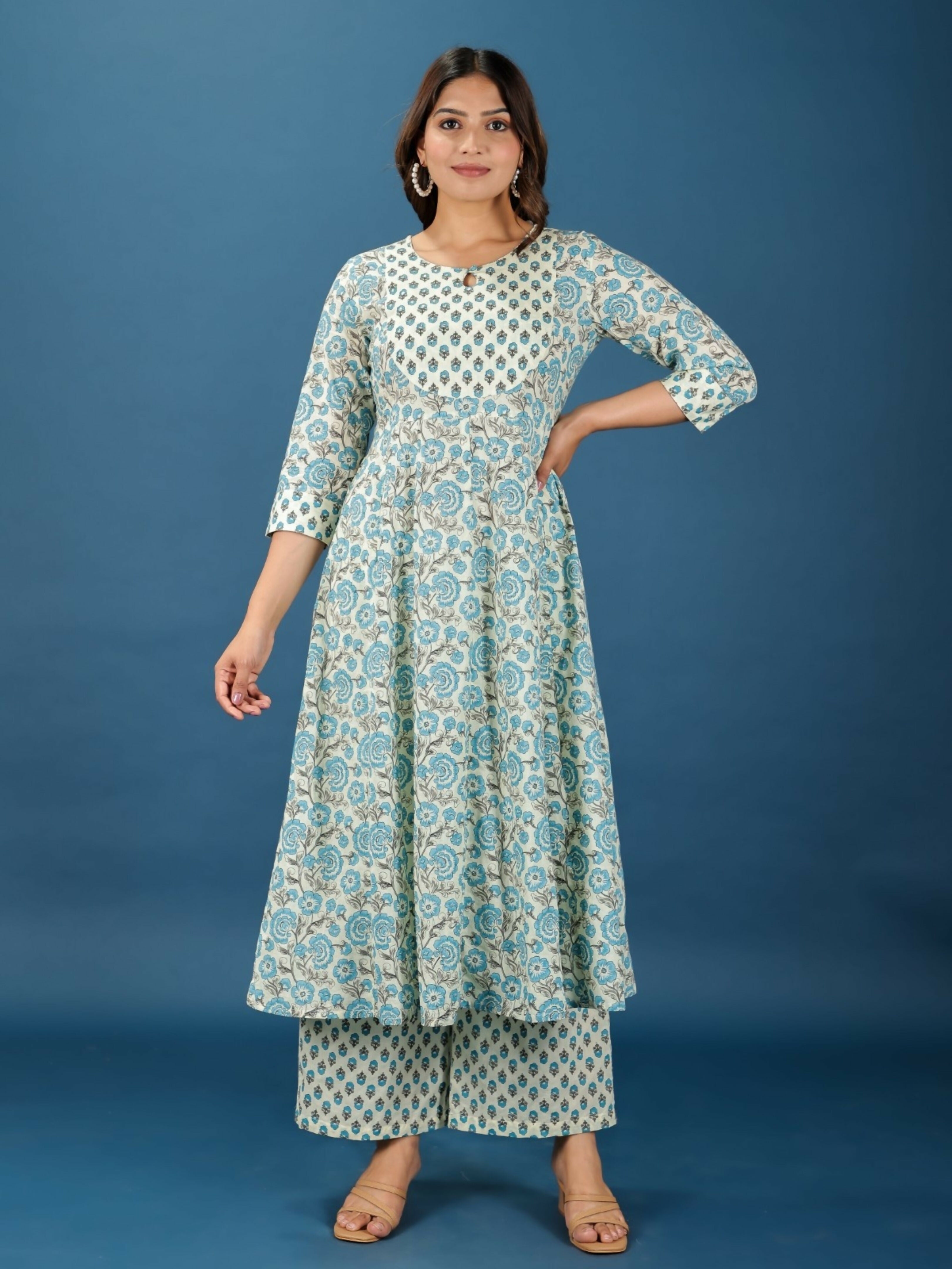 Women's Anarkali Soft Cotton Floral Print Women's Kurta - Off White