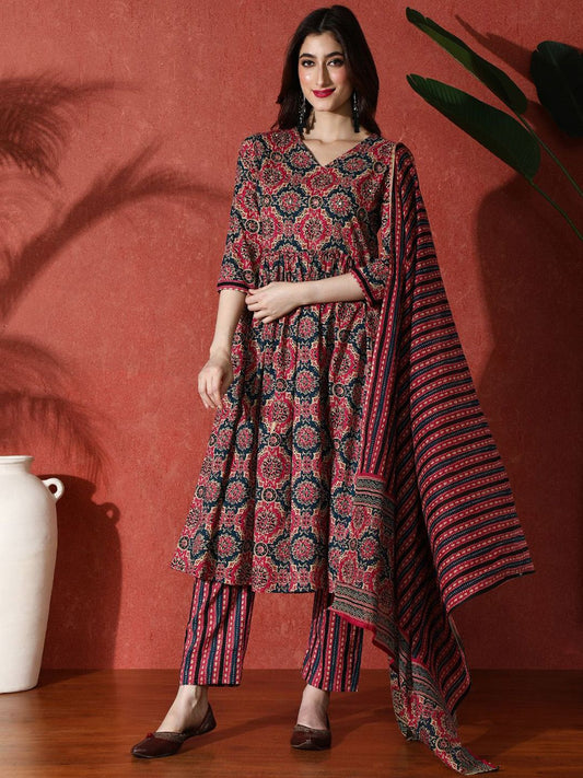 Dhiyona SN Women's Embroidered Pure Cotton A-Line Kurta & Trousers With Dupatta