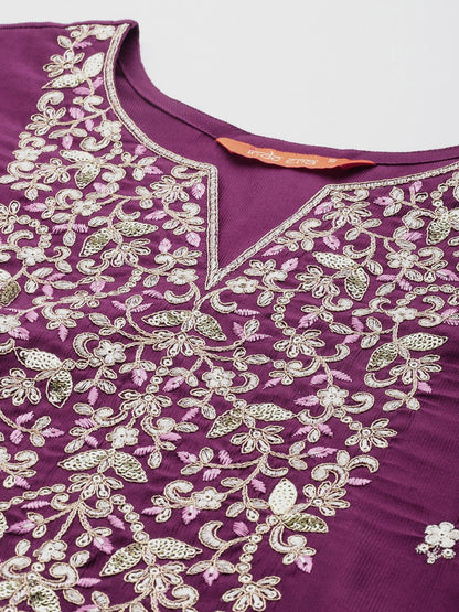 Floral Embroidered Sequinned Liva Kurta with Trousers & Dupatta