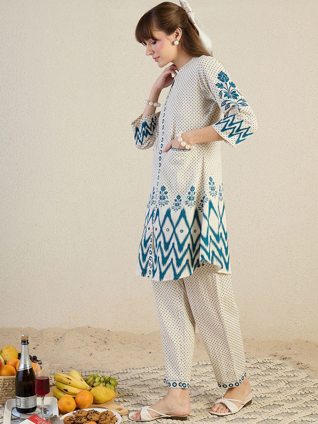 Ethnic Motifs Printed Thread Work Mandarin Collar A-Line Kurta With Trousers