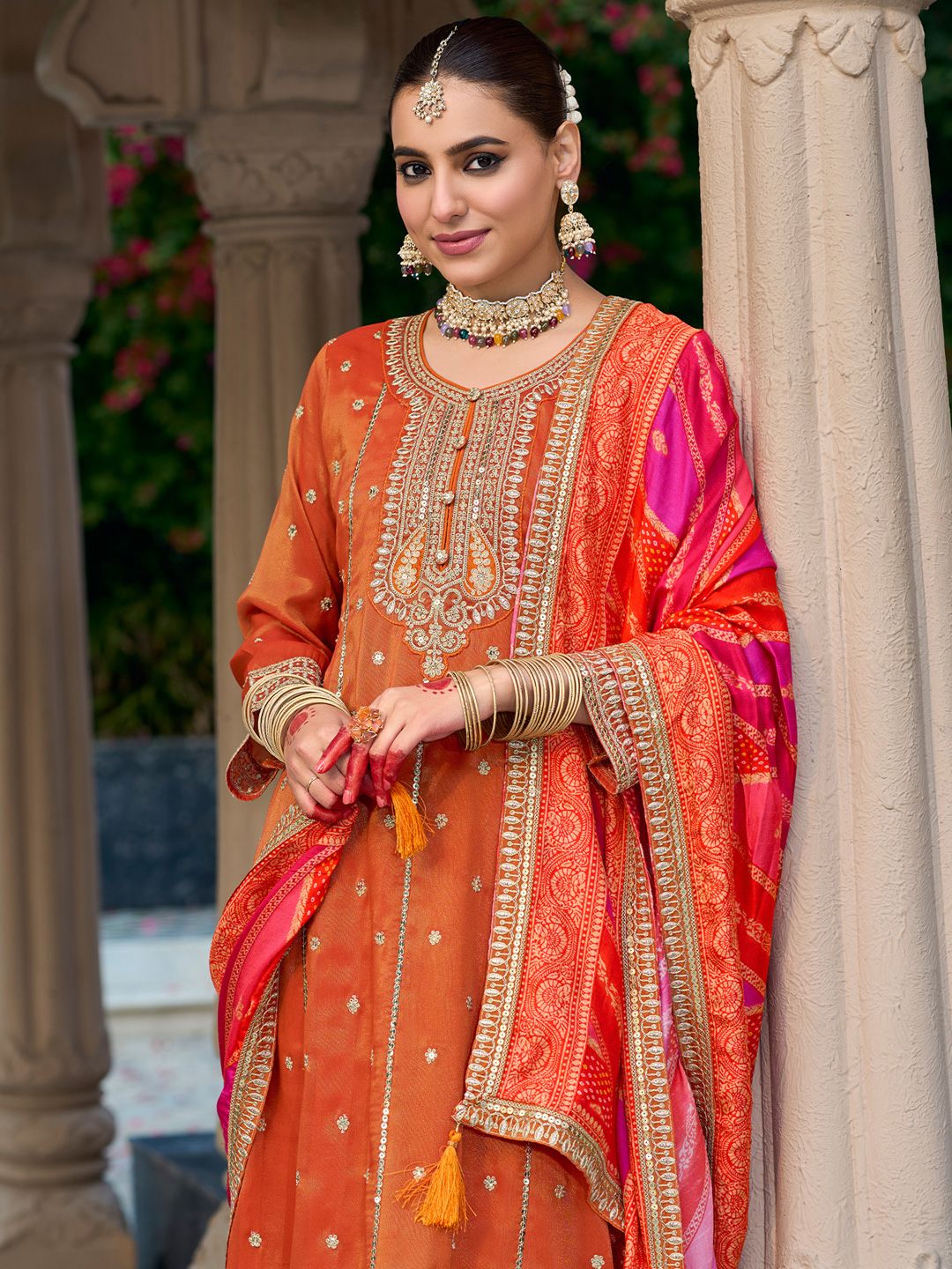 Ethnic Motifs Embroidered Sequinned Anarkali Kurta with Trouser & Dupatta
