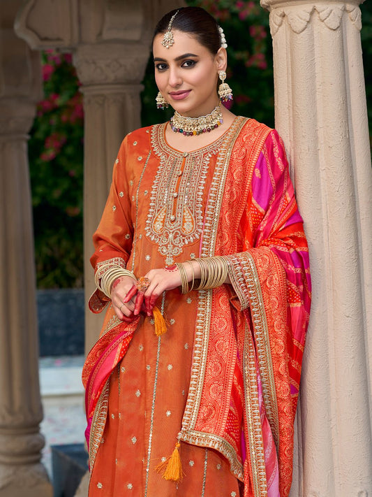 Ethnic Motifs Embroidered Sequinned Anarkali Kurta with Trouser & Dupatta