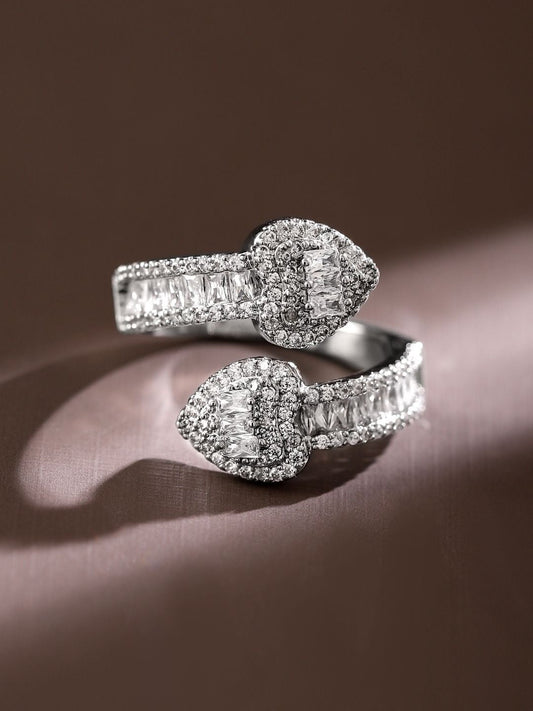 Dhiyona RJ Women's Rhodium Plated Cubic Zirconia Studded Double Buckle Design Adjustable Ring