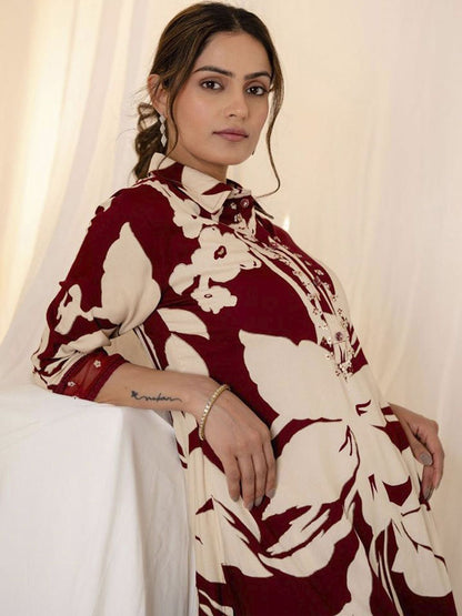 Dhiyona IE Floral Printed Shirt Collar Sequinned Kurta with Trousers