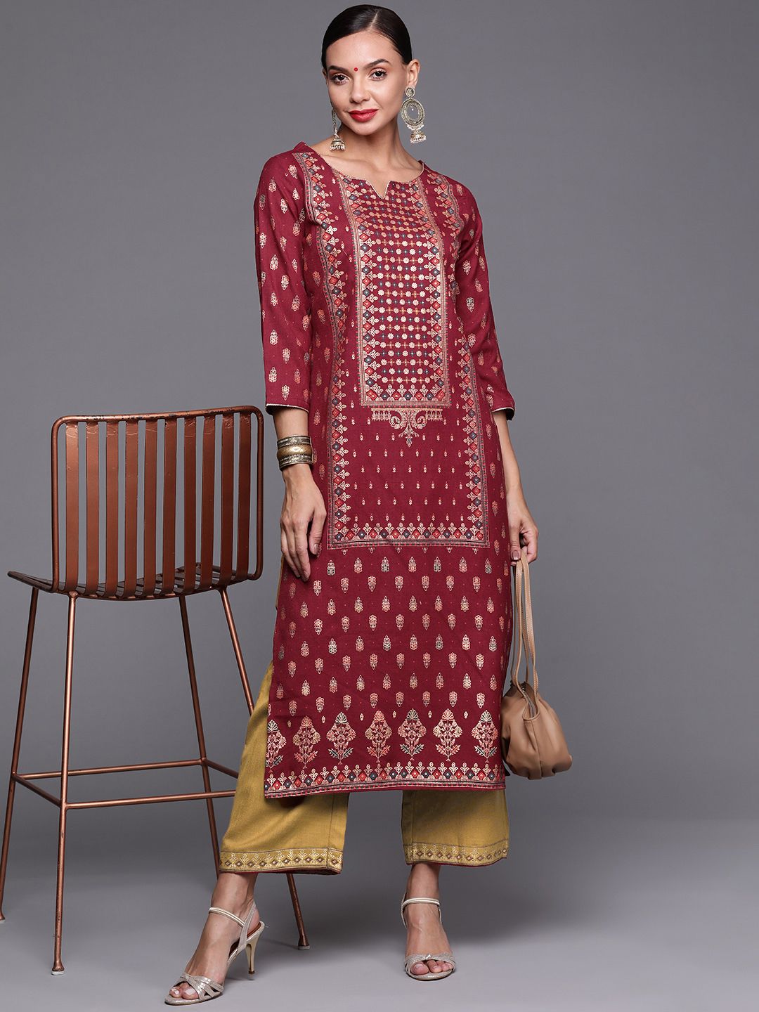 Dhiyona IE Women Maroon Ethnic Motifs Printed Kurta with Palazzos