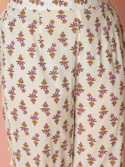 Dhiyona IE Floral Printed Key Hole Neck Pure Cotton Kurta With Trousers & Dupatta