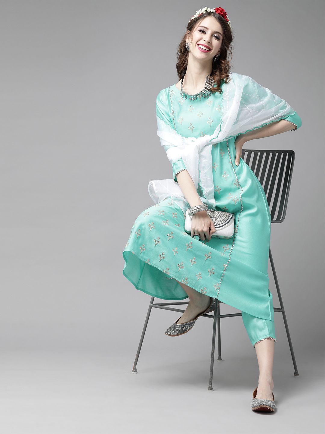 Women Sea Green & Golden Embroidered Kurta with Trousers & Dupatta