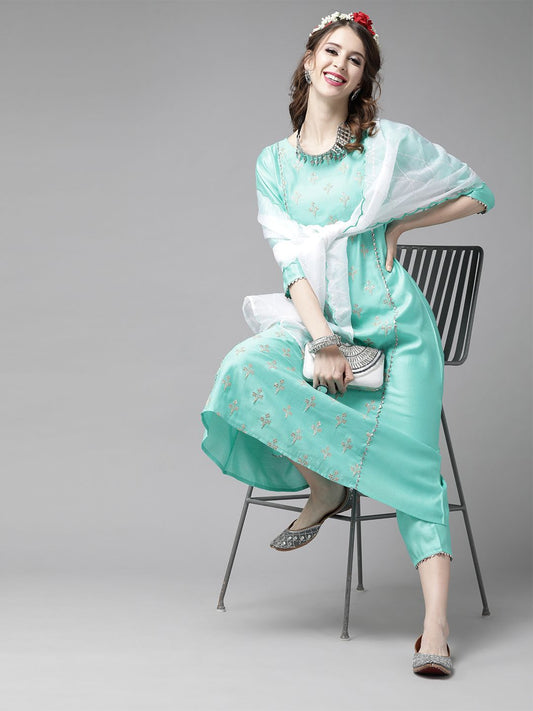 Women Sea Green & Golden Embroidered Kurta with Trousers & Dupatta