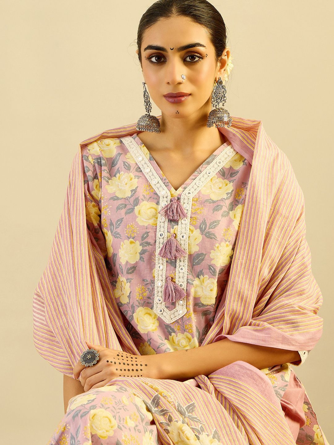 Floral Printed Embellished Pure Cotton Straight Kurta with Trouser And Dupatta