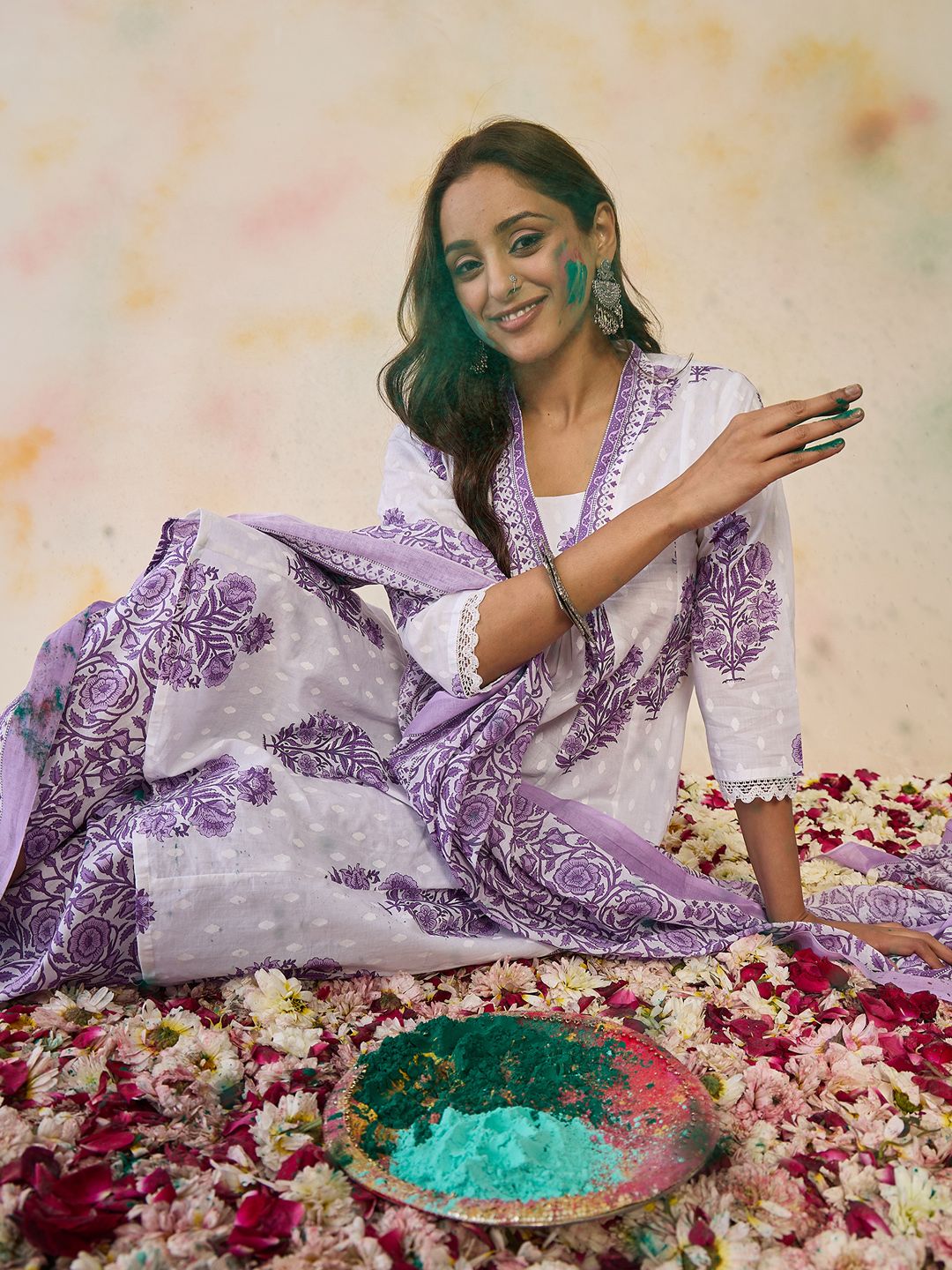 V-Neck Floral Printed Panelled Pure Cotton Kurta Set