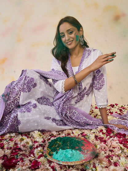 V-Neck Floral Printed Panelled Pure Cotton Kurta Set