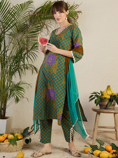 Dhiyona IE Women Floral Printed Regular Beads and Stones Kurta with Trousers & With Dupatta