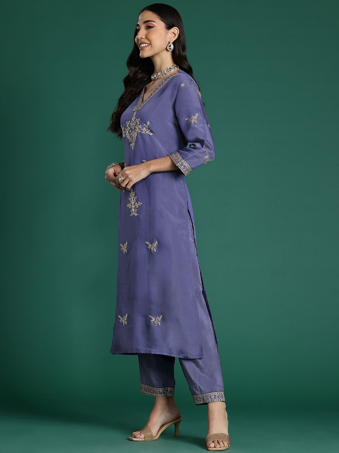 Dhiyona IE Floral Embroidered Sequinned Kurta With Trousers & Dupatta