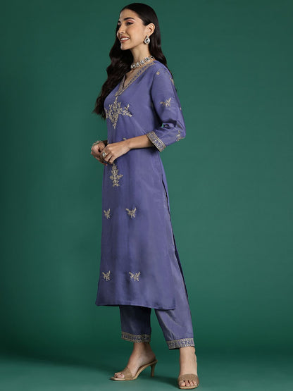 Dhiyona IE Floral Embroidered Sequinned Kurta With Trousers & Dupatta