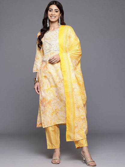 Dhiyona VA Women'sFloral Printed Thread Work Straight Kurta With Trousers & Dupatta