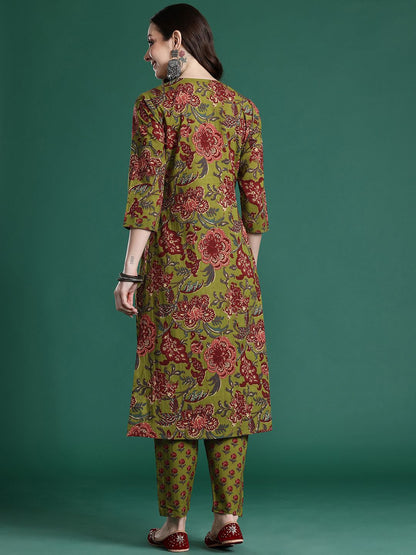 Floral Printed Pleated Sequinned Pure Cotton Kurta with Trousers
