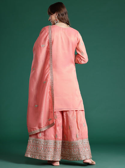 Ethnic Motifs Embroidered Sequinned Kurta with Palazzos & With Dupatta