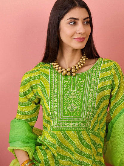Dhiyona SN Women's Green Bandhani Printed Sequinned Anarkali Kurta With Trouser & Dupatta