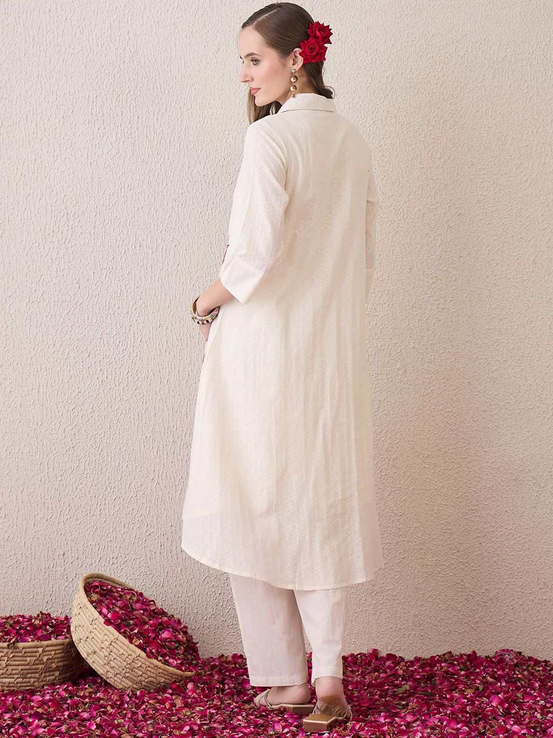 Floral Embroidered Shirt Collar Thread Work Pure Cotton A-Line Kurta With Trouser