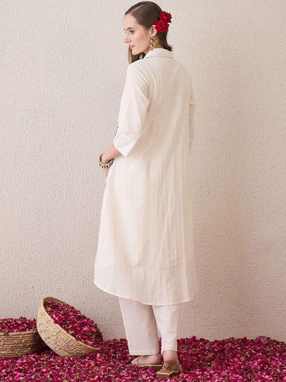 Floral Embroidered Shirt Collar Thread Work Pure Cotton A-Line Kurta With Trouser
