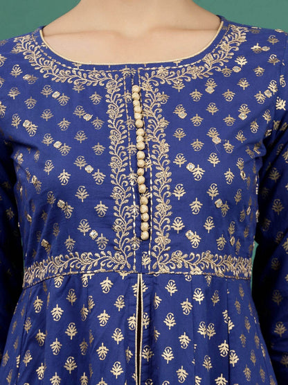 Dhiyona SN Women's Blue Floral Embroidered Pure Cotton A-Line Kurta & Trousers With Dupatta