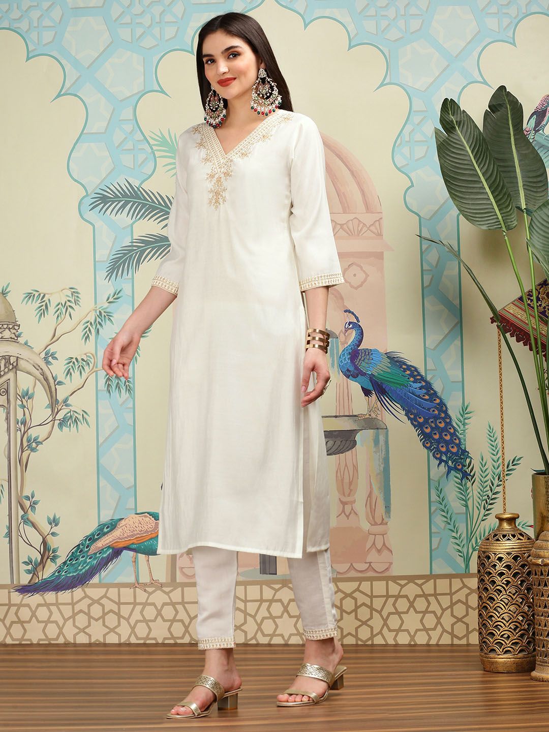 Dhiyona IS Women's Floral Yoke Design Thread Work Silk Chiffon Straight Kurta with Trousers & Dupatta