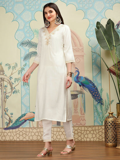 Dhiyona IS Women's Floral Yoke Design Thread Work Silk Chiffon Straight Kurta with Trousers & Dupatta