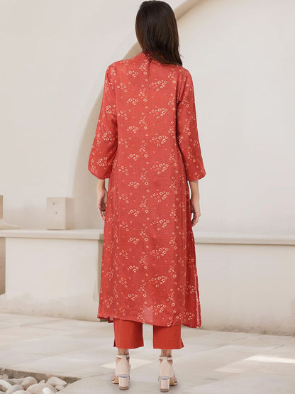 Dhiyona IS Women's Bandhani Printed Mandarin Collar A-Line Kurta With Trousers