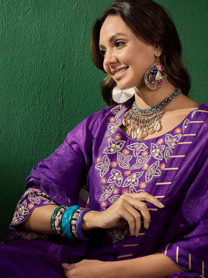 Dhiyona SN Women's Embroidered Straight Kurta With Trouser & Dupatta