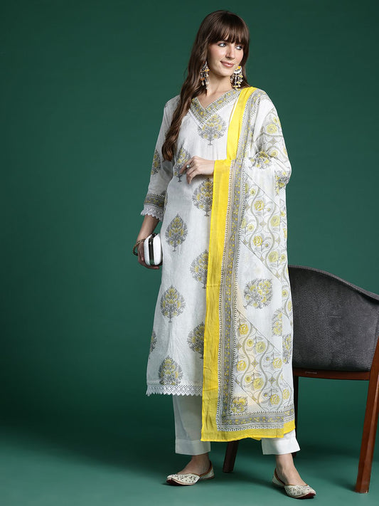 Dhiyona IE Ethnic Motifs Printed Sequinned Pure Cotton Kurta With Trousers & Dupatta