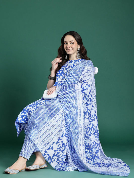 Dhiyona IE Floral Printed Pure Cotton Kurta with Trousers & Dupatta