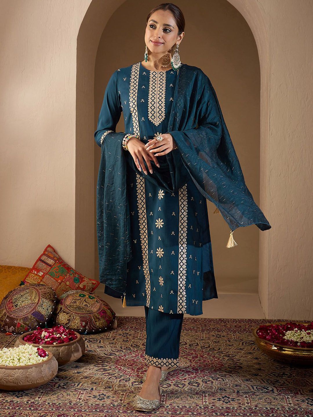 Women Ethnic Motifs Embroidered Regular Sequinned Kurta with Trousers & With Dupatta